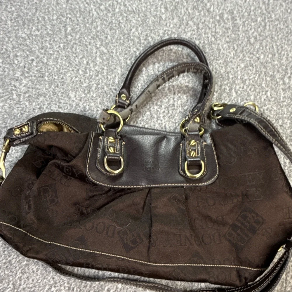 Dooney & Bourke Logo Satchel Top Handle Medium Brown Gold Detach Strap Zip